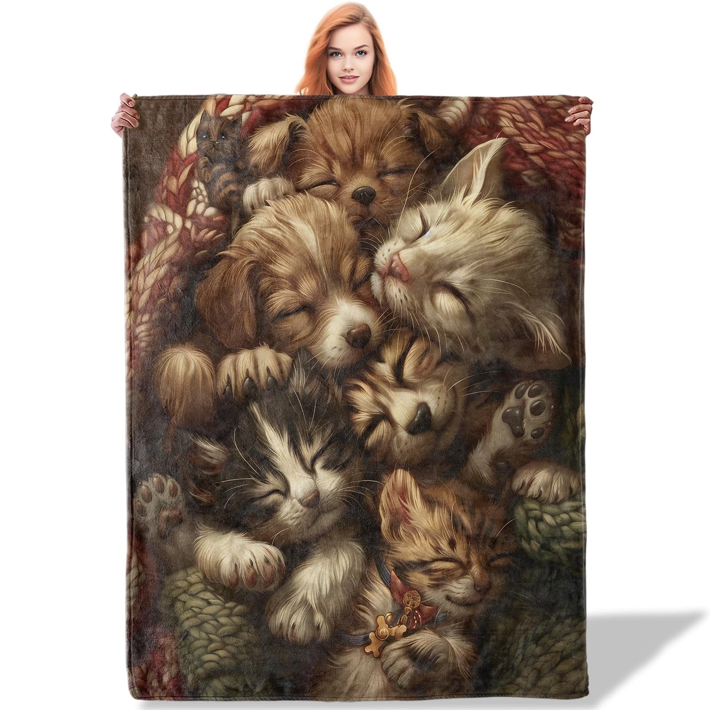 Plistiz Cute Dog and Cat Throw Blanket 50"x60", Sleepy Puppies and Kittens Theme Blankets for Living Room Couch, Home Decor, Soft Flannel Pet Gifts for Adults and Women