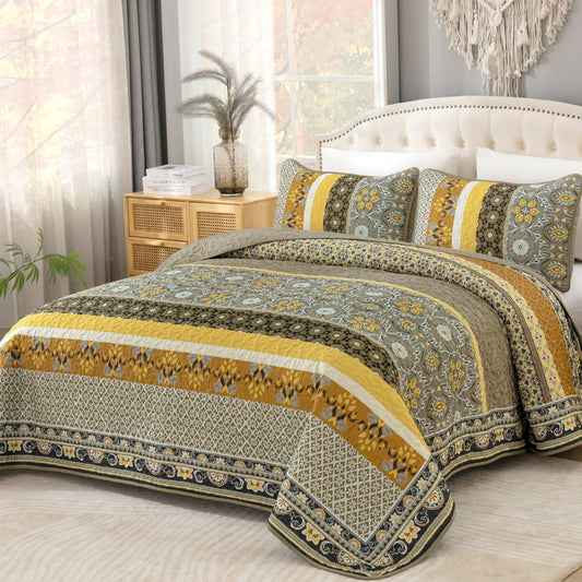 Yiran Fall Quilt King Size, Taupe Yellow Boho Vintage Bedspreads Bedding Set, Lightweight Chic Bohemia Coverlet Set with 2 Shams for Bed 96x90 Inch