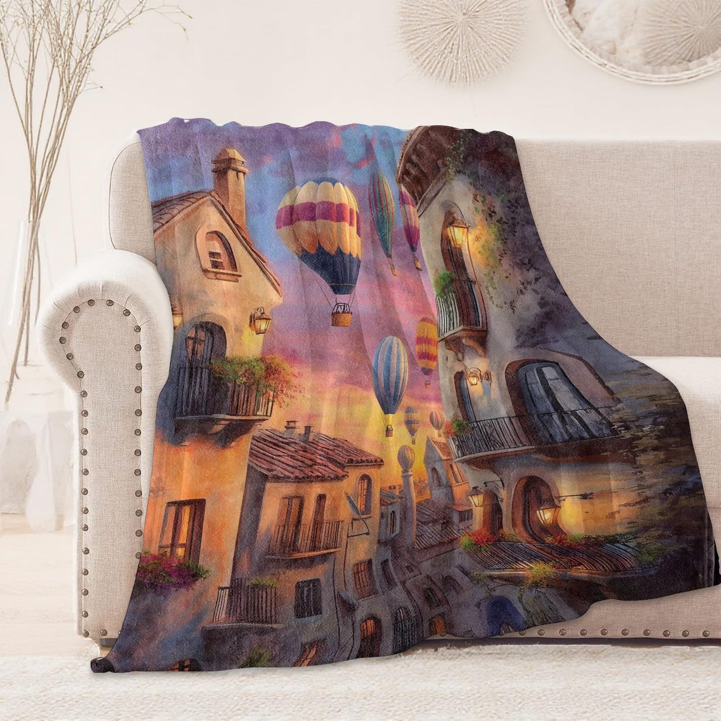 onlcuk Romantic Hot Air Balloon Blanket, Cozy Flannel Sunset Town View Throw Blanket, Soft Fuzzy Blankets for Travel Home Decor, All Season Lightweight Couch Bed Cover, Gifts for Women Adults 50"×60"