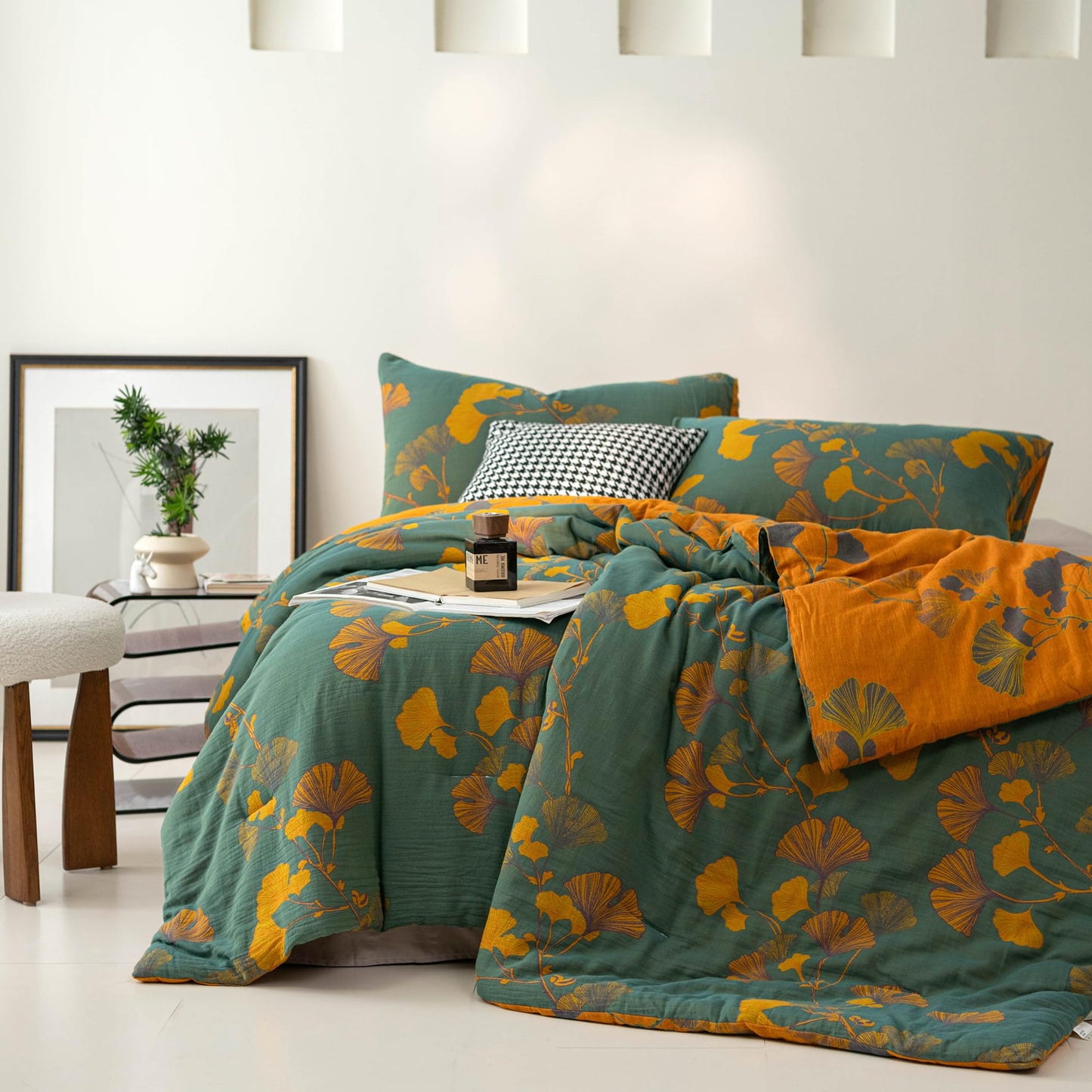 Purefair 100% Cotton Muslin Jacquard Comforter Set, Floral Ginkgo Leaves Print, Soft Lightweight Reversible 3 Piece Bedding Sets for All Season, Green Yellow, Full/Queen(90"x90")