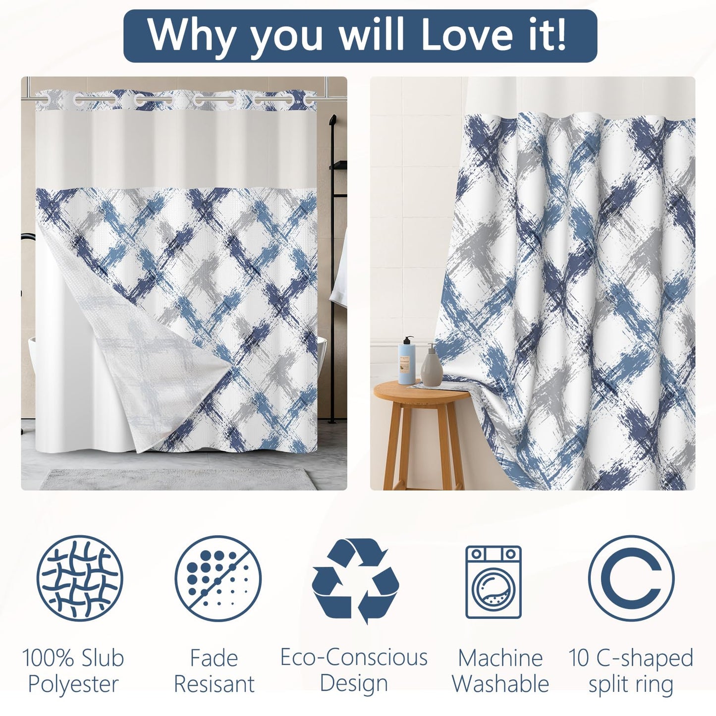 NAEMBCU No Hook Waffle Shower Curtain with Snap in Liner 71x74 Inch