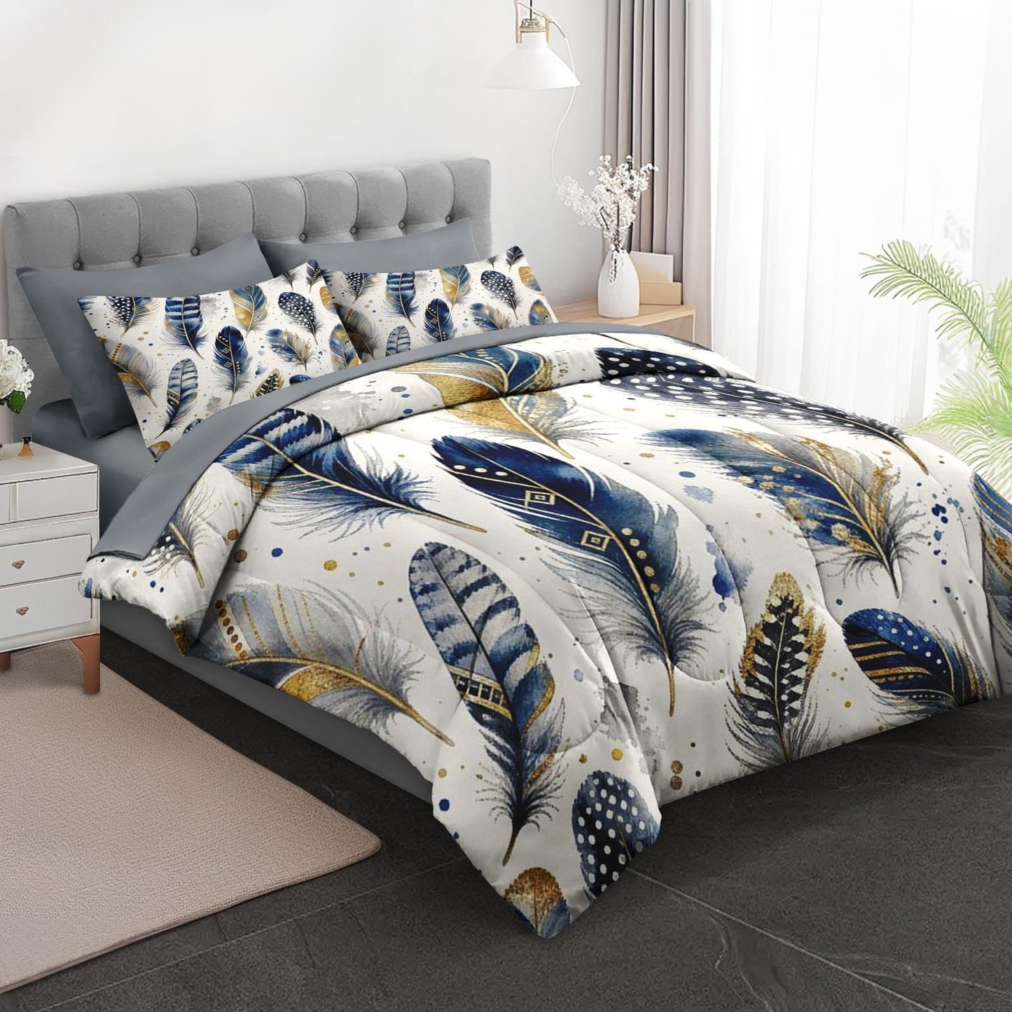 Boewywh Comforter Set Twin Size Feather Boho Navy 7 Pcs, Bedding for Kids and Adults, Gold Western Bed Sheet Sets with Fitted Sheet 2 Pillowcases & 2 Shams for Bedroom Bed Decor