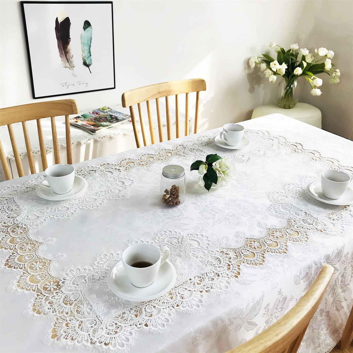BrekSdat Lace Tablecloth Fabric Washable Off White 60x120inch