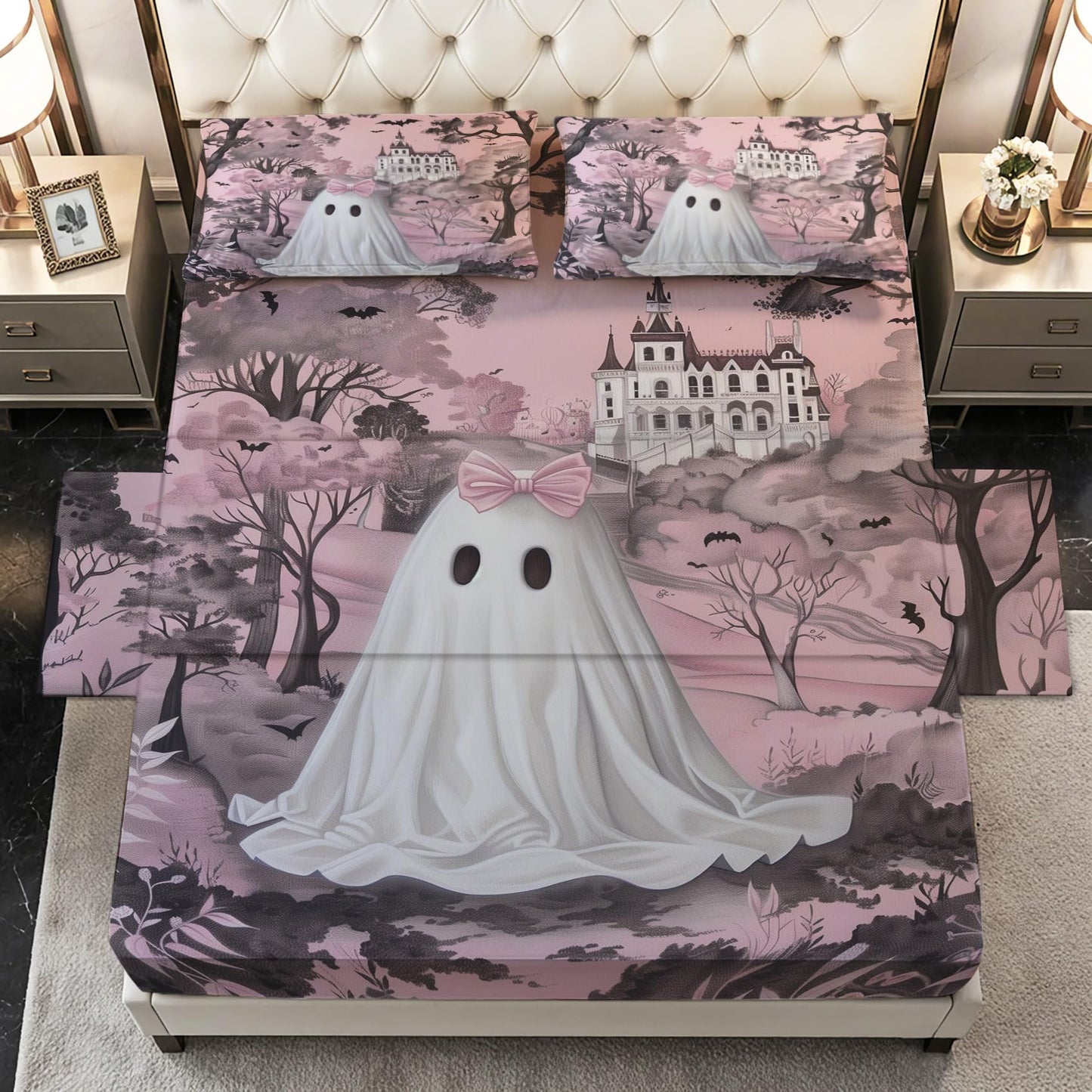 Pink Ghost Sheets Twin Size - Cute Halloween Gothic Spooky Bed Sheet Set - Deep Pocket Soft Microfiber Bedding Set 3 Piece - Fitted Flat Sheet Pillowcase - Pink Ghost Bedroom Decor & Gifts