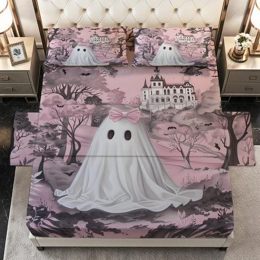 Pink Ghost Sheets Twin Size - Cute Halloween Gothic Spooky Bed Sheet Set - Deep Pocket Soft Microfiber Bedding Set 3 Piece - Fitted Flat Sheet Pillowcase - Pink Ghost Bedroom Decor & Gifts
