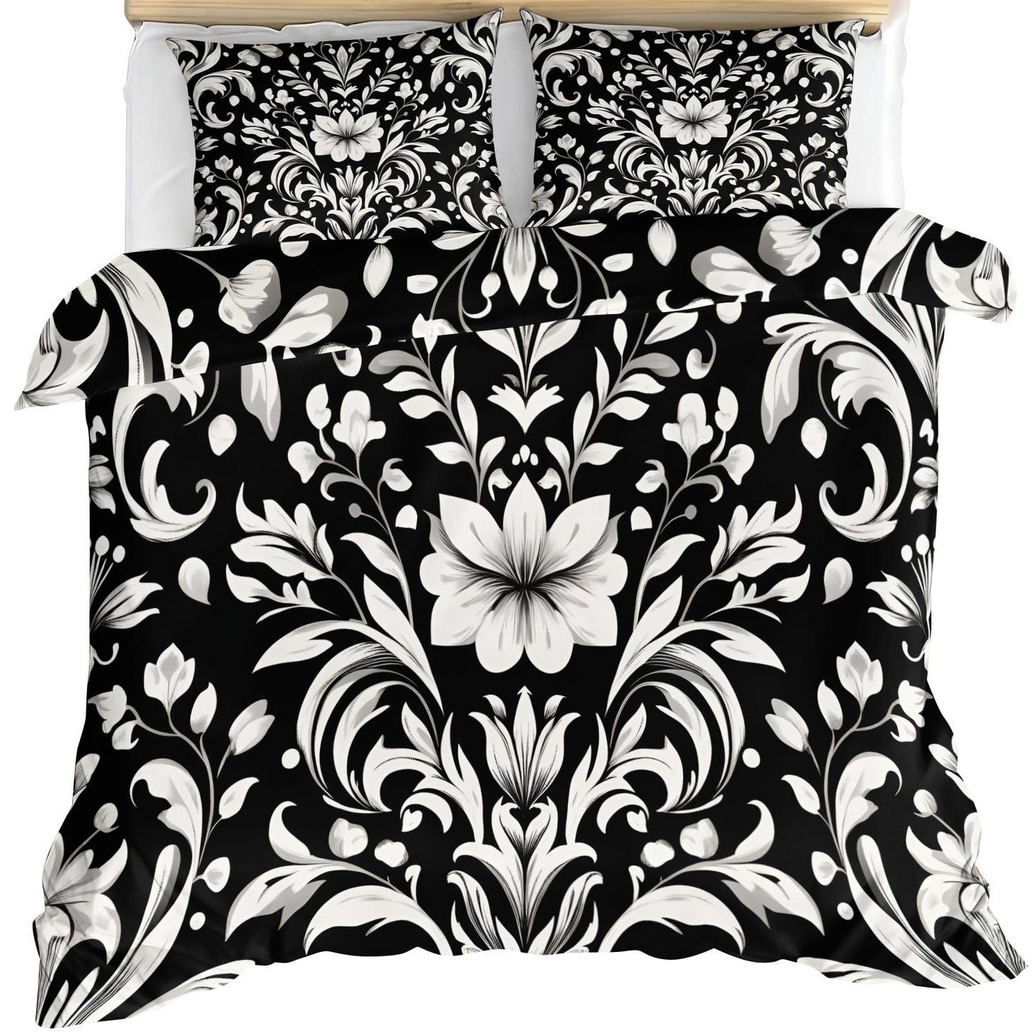 ZAMODE Vintage Floral Duvet Cover 104" x 98", Black White Baroque Style Bedding Set, White Flower Comforter Cover with Zipper Ties