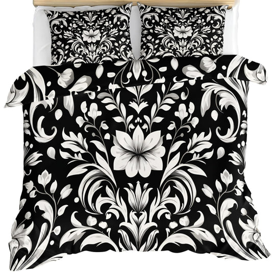 ZAMODE Vintage Floral Duvet Cover 104" x 98", Black White Baroque Style Bedding Set, White Flower Comforter Cover with Zipper Ties