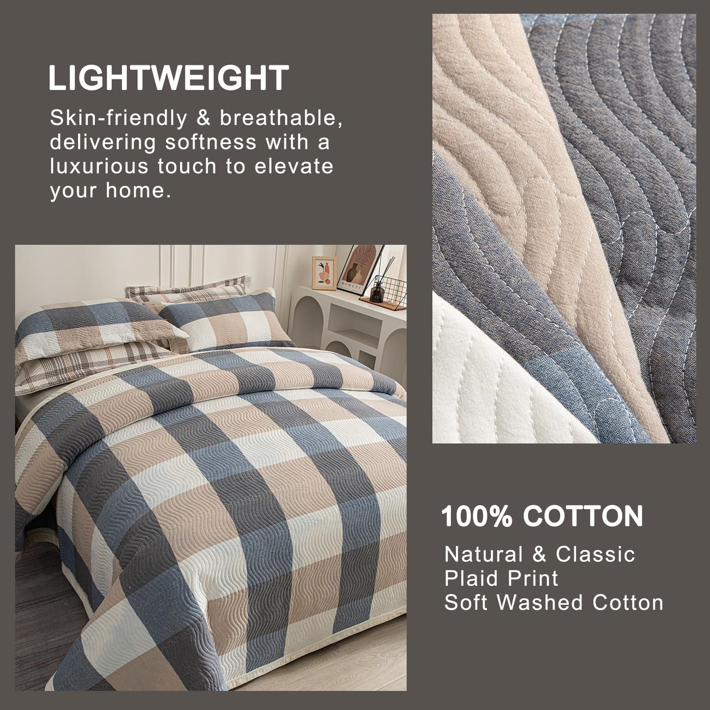 tohrisa Cotton Plaid Quilt Set, Ultra Soft 3 Pieces King Size Bedding with 2 Pillow Shams, Lightweight Reversible Coverlet Bedspread with Wave Quilting for Summer, 108"x96", Grid-Beige Blue