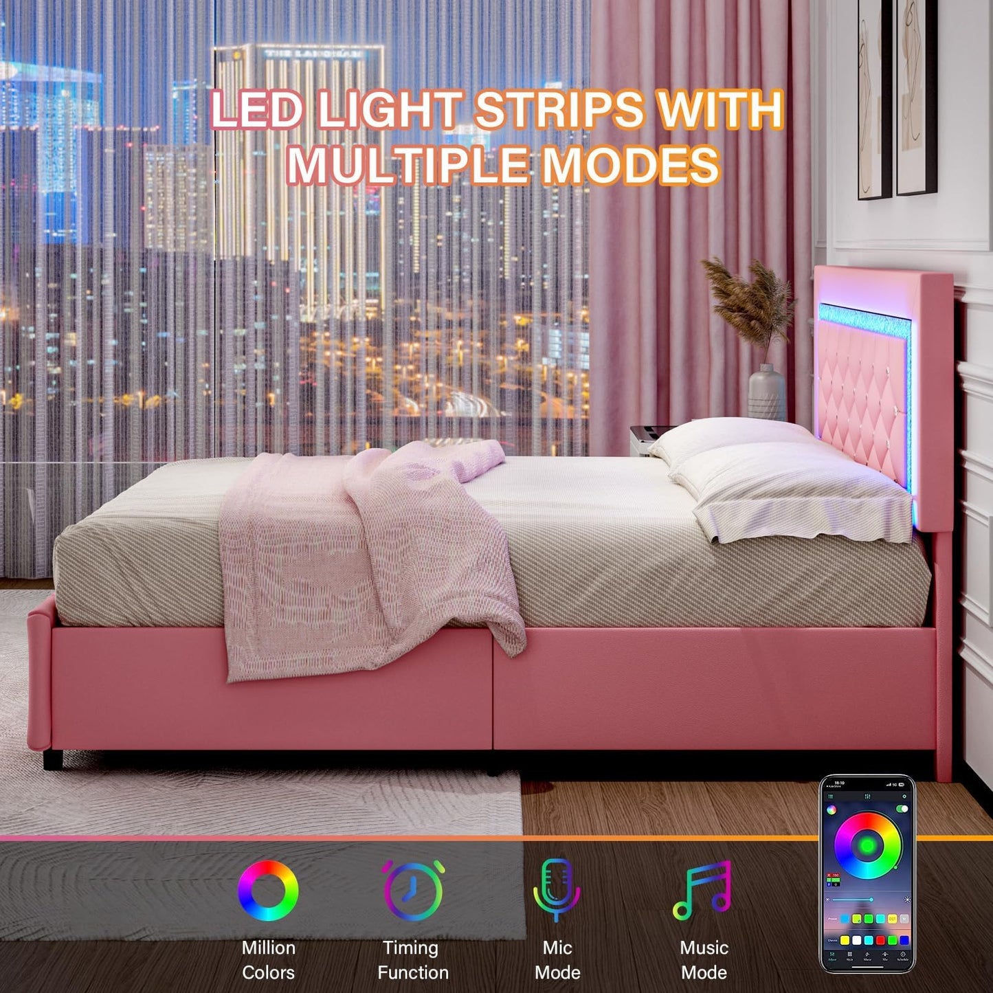 BarnFurin Full Size Bed Frame with LED Lights, Upholstered Bed Frame with Storage Drawers, Princess Platform Bed with Diamond Headboard and Footboard, No Box Spring Needed, Pink