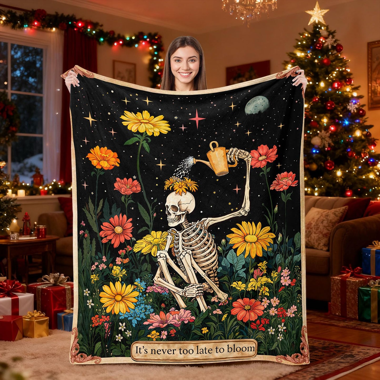 kampdream Life & Hope Flannel Blanket, Skeleton Watering Flowers, Super Soft & Warm Couch Sofa Living Room Optimistic Decor Ideal Gift for Family Friends 50×60 inch