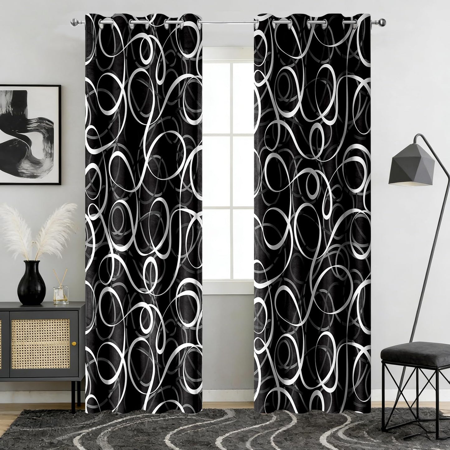 JAZEAOI Black White Geometric Blackout Curtains, Modern Abstract Grey Black Out Window Drapes for Bedroom Living Room Grommet Thermal Insulated Room Darkening Decor, 2 Panels 52x84 Inches