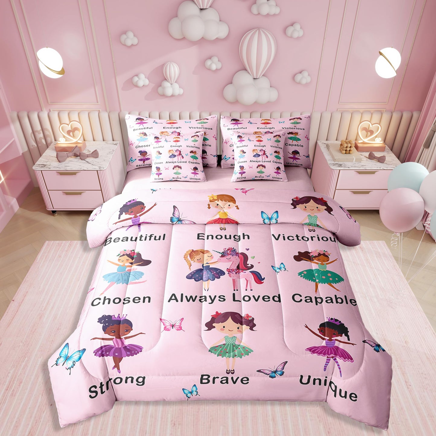 Erosebridal 7 Piece Girls Pink Princess Kids Comforter Set King Bed in a Bag,Ballet Bedding Set,Dancing Girls Inspirational Duvet Insert,Dreamy Princess Style Sheet Set,Butterfly Unicorn Quilt