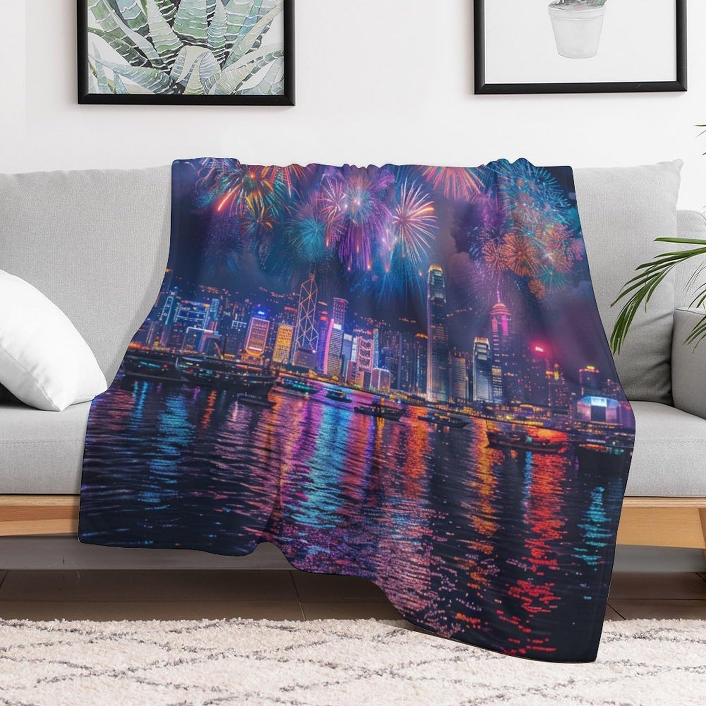 TOWINSFB Modern Cityscape Firework Throw Blanket, Soft Cozy Warm Flannel Colorful Building Night Scenery Blanket for Couch Sofa Bed, 30"x40"
