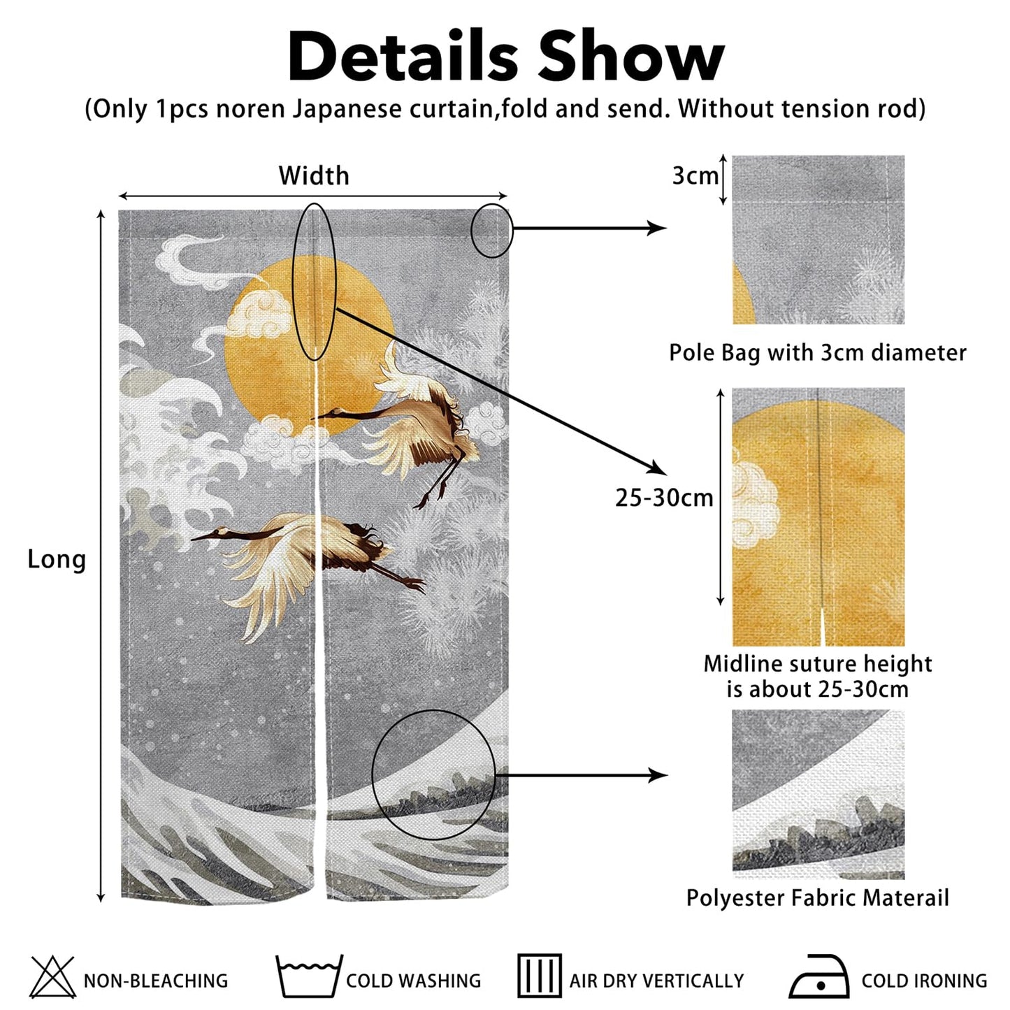 Leowefowa Noren Doorway Curtain Japanese Style Door Tapestry Cranes Waves Gold Full Moon Printed Window Treatment Panel for Room Divider Kitchen Door Curtains Home Decoration, 33.5"x 70.9"