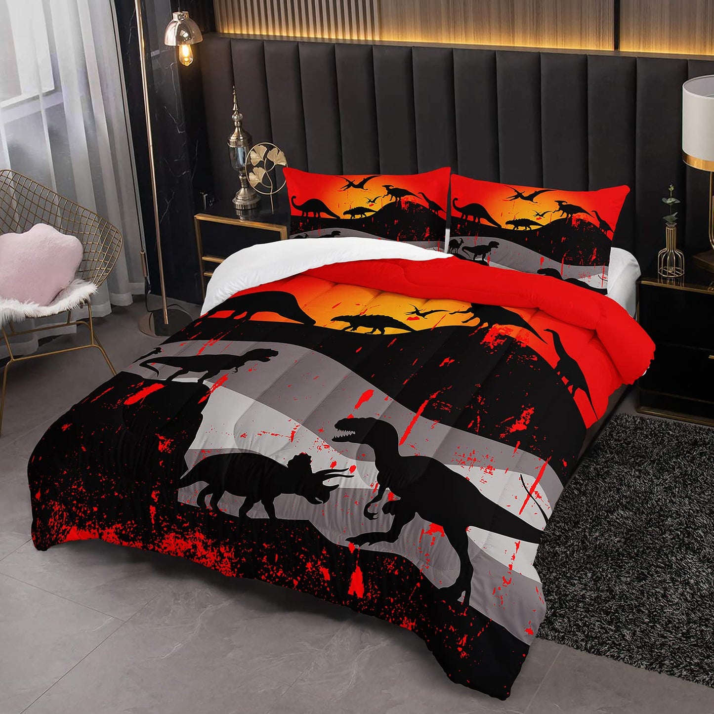 XYNHML Cartoon Dinosaur Comforter Set Twin 3Pc Kawaii Dinosaur Bedding Set All Season with Tree, Leaf Decoration Includes 1 Comforter, 2 Pillowcases for Kids Girls Teens