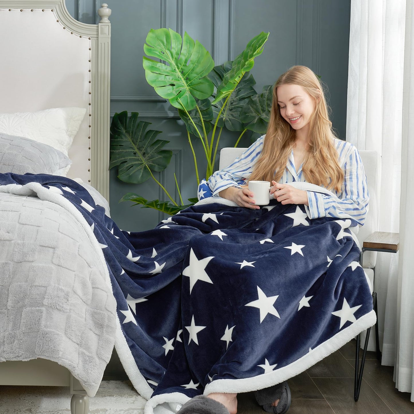Cozy Bliss Patriotic Throw Blanket for Couch, Luxury Reversible Sherpa Throw with Star Design, Thick Warm Cozy Soft Blanket for Sofa, Bed, Home Decor and Gifts, Navy Blue, 60" x 80"