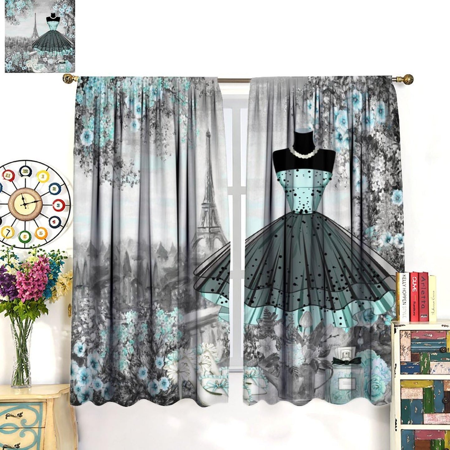 Nanacur Fashion Women Curtains, Dresses France Paris Floral Romantic Valentine's Day Perfume Eiffel Tower Window Drapes, for Bedroom Living Room 42" W X 45" L (Decorative)