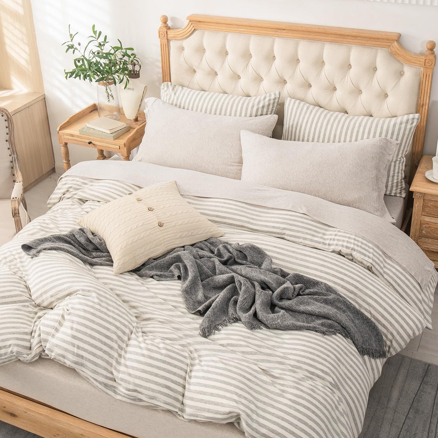 PURE ERA Jersey Knit 4pc Bed Sheet Set 100% T-Shirt Heather Cotton Super Soft Comfy Breathable Fits Mattress Up to 20" Extra Deep Pocket (Heather Beige, Queen)