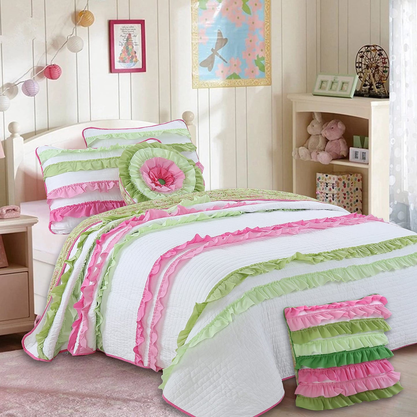 Cozy Line Home Fashions Pink Green Chic Ruffles Girl 100% Cotton Reversible Quilt Bedding Set, Coverlet, Bedspreads (Twin - 2 Piece: 1 Quilt + 1 Sham)
