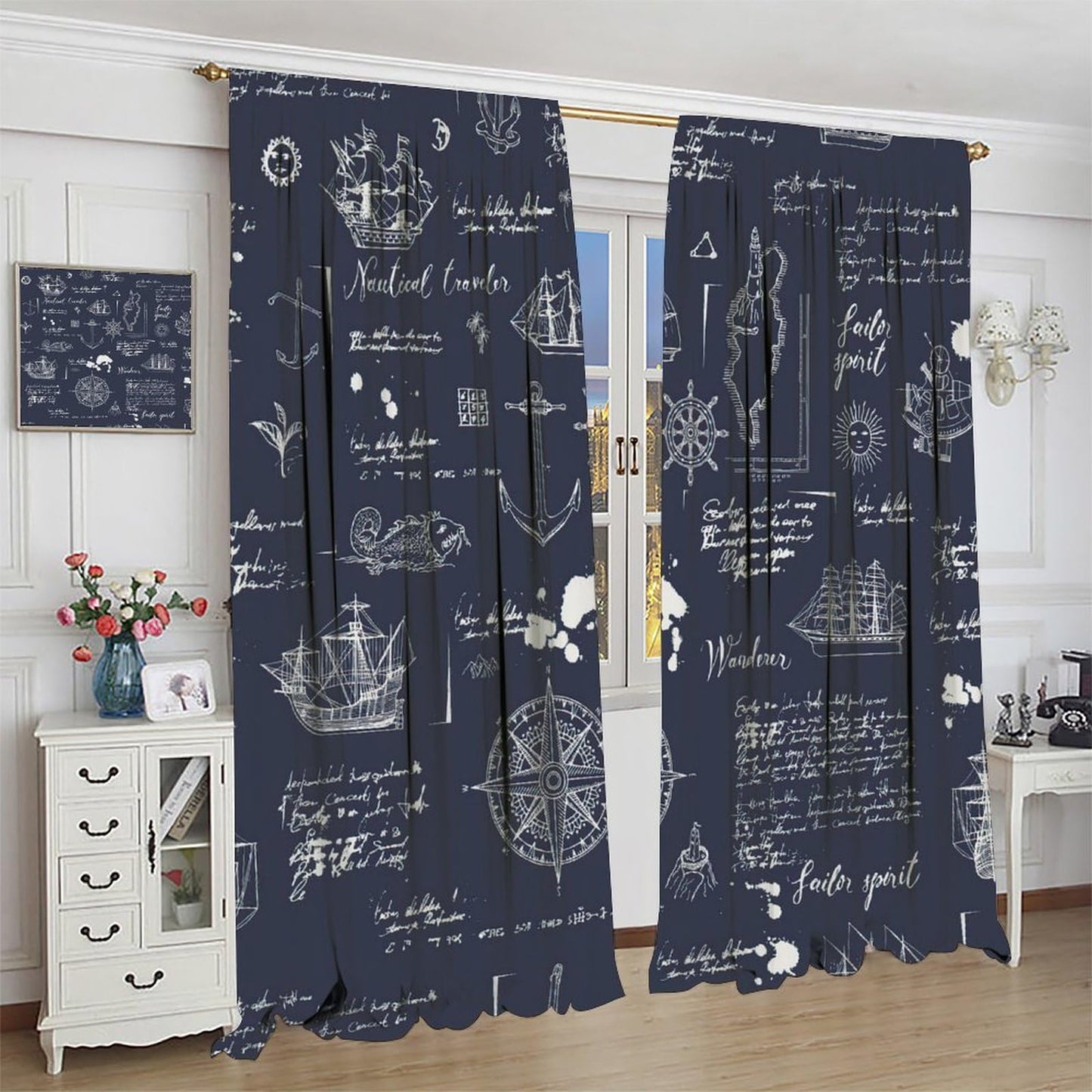 Nautical Sailboat Curtains, Rustic Hand Painted Compass Anchor Window Drapes, for Living Room Bedroom 42" W X 45" L (Decorative)
