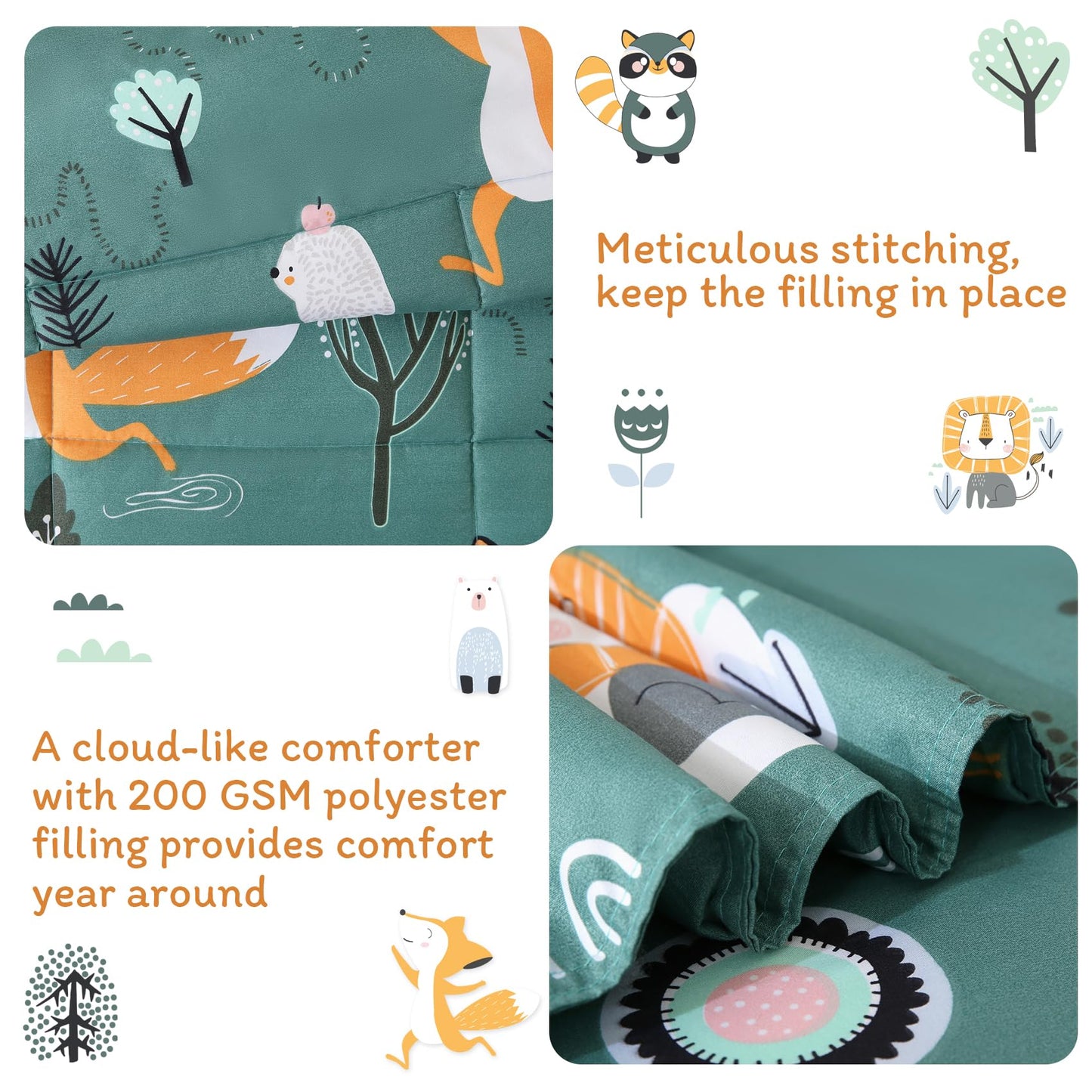 JSD Green Forest Animals Toddler Bedding Set, 4 Piece Bed-in-Bag Toddler Comforter Sheet Set, Machine Washable