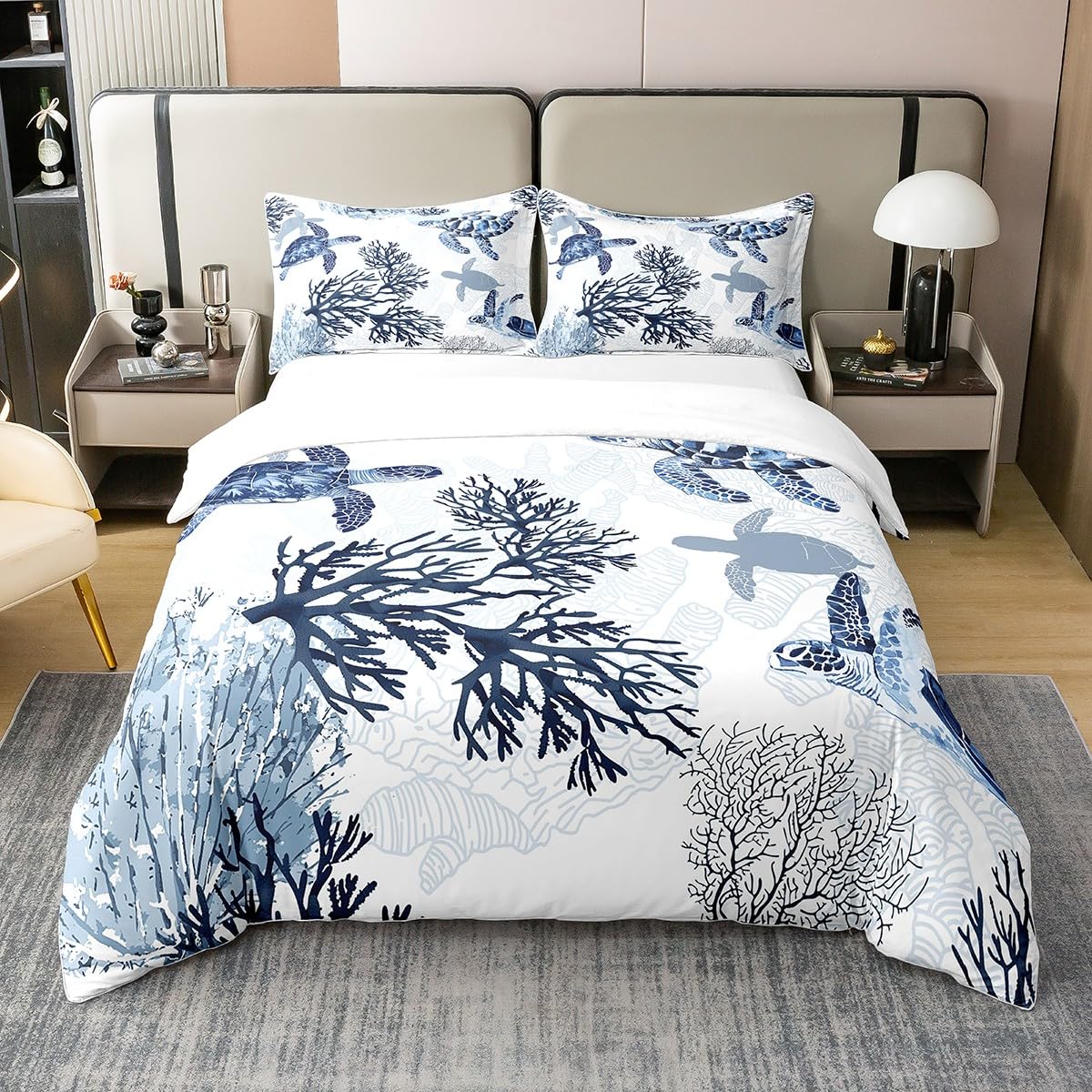 100% Cotton Turtle Duvet Cover Queen, White Blue Sea Turtle Bedding Set for Kids Girls Boys, Nautical Coastal Reptile Tortoise Comforter Cover, Ocean Beach Sea Animal Turtle Summer Quilt Cover