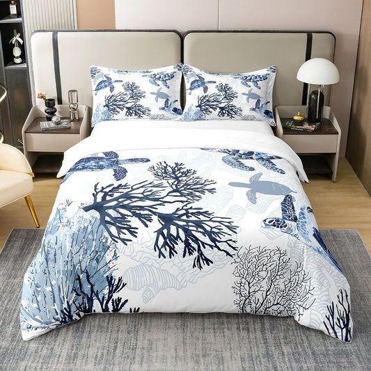 100% Cotton Turtle Duvet Cover Queen, White Blue Sea Turtle Bedding Set for Kids Girls Boys, Nautical Coastal Reptile Tortoise Comforter Cover, Ocean Beach Sea Animal Turtle Summer Quilt Cover