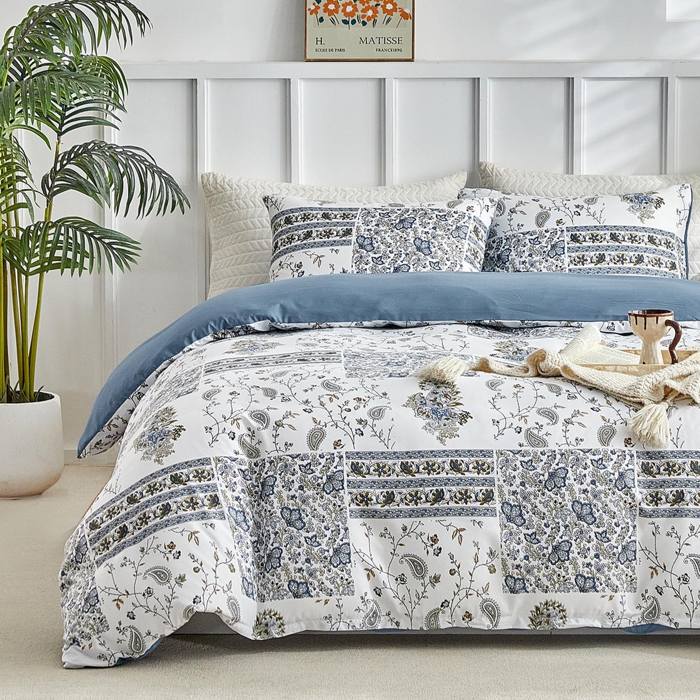 Lekesky Queen Size Duvet Cover Set, Patchwork Floral 3 Pieces Reversible Blue Paisley Duvet Cover Set, Ultra-Soft Microfiber 3 Pieces Comforter Cover with Zipper, Includes 2 Pillowcases
