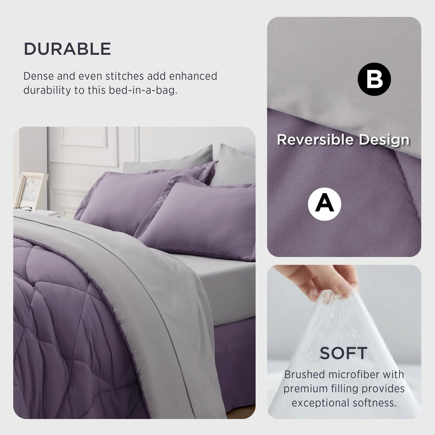 Bedsure Twin XL Comforter - 5 Pieces Reversible Grayish Purple Bed in a Bag, Twin XL Bedding Comforter Set College Dorm Essentials with 1 Flat Sheet, 1 Fitted Sheet, 1 Pillowcase and 1 Pillow Sham