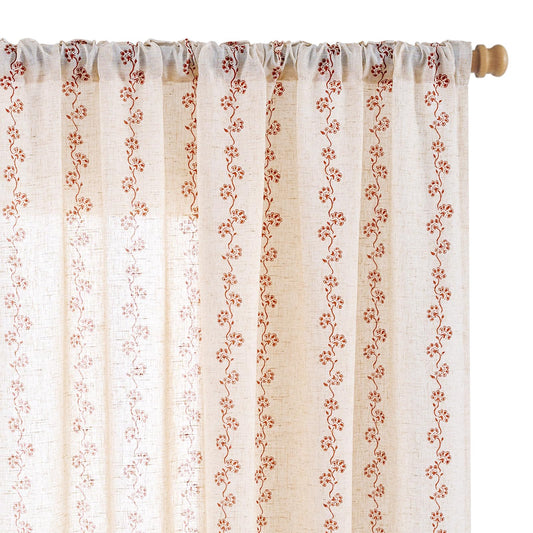 Lazzzy Cathy Linen Floral Curtains for Living Room Terracotta Curtains for Bedroom Farmhouse Drapes 84 Inches Length 2 Panels Back Tab W50 x L84 Terracotta on Linen