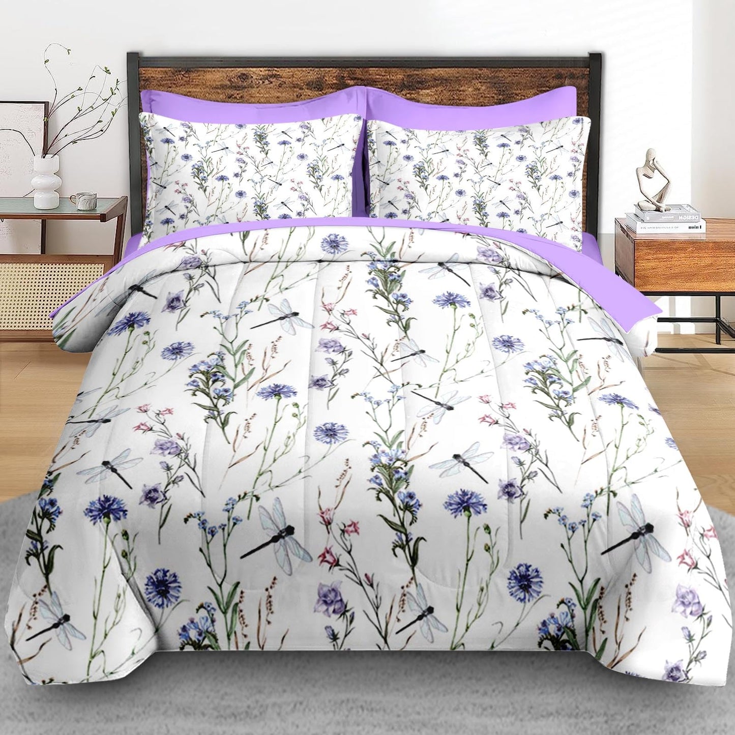 Pamnest Comforter Set Twin Size, Botanical Flower Dragonfly 5 Pcs Bedding for Kids and Adults, Herb Plant Wildflowers Bed Sheet Sets with Fitted Sheet Pillowcase & Sham for Bedroom Bed Decor