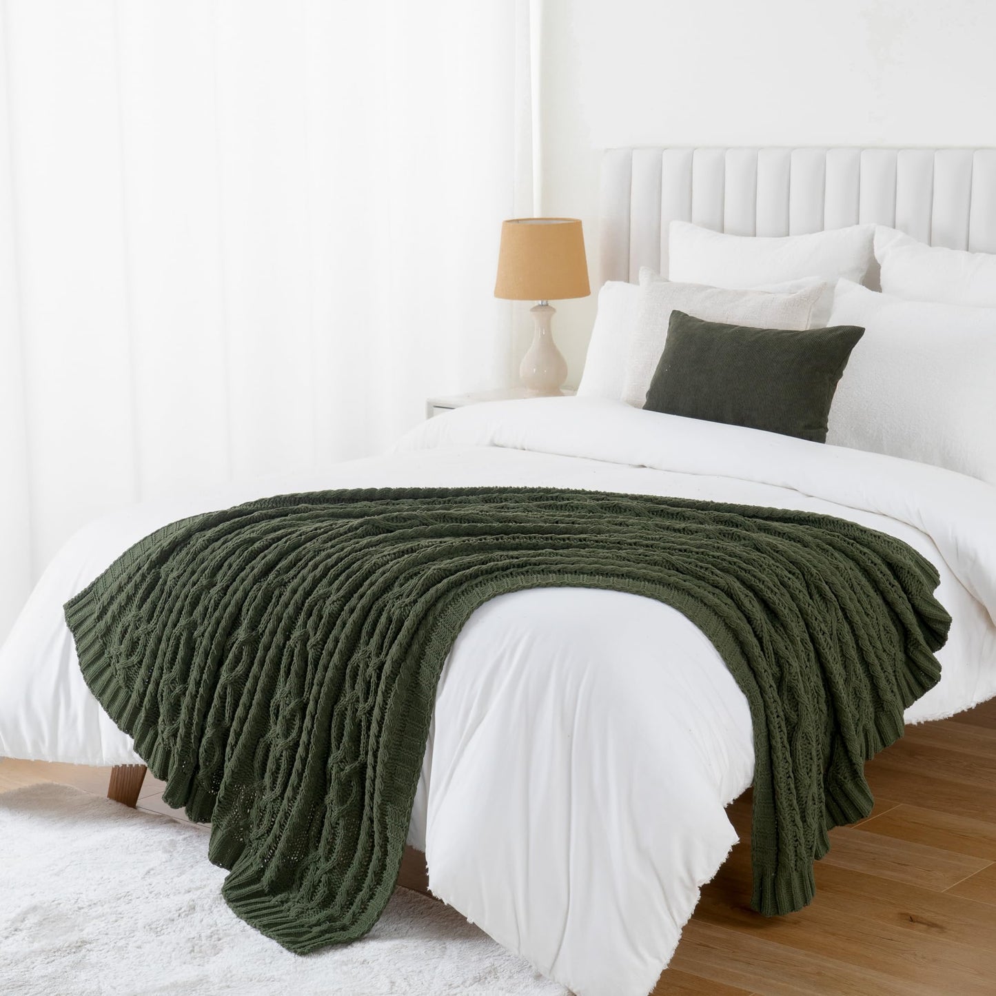 Battilo Olive Green Throw Blanket for Couch, Chunky Cable Knit Blanket, Woven Soft Cozy Chenille Throw Blanket for Bed, Sofa, Chair, Living Room, 51"x67"