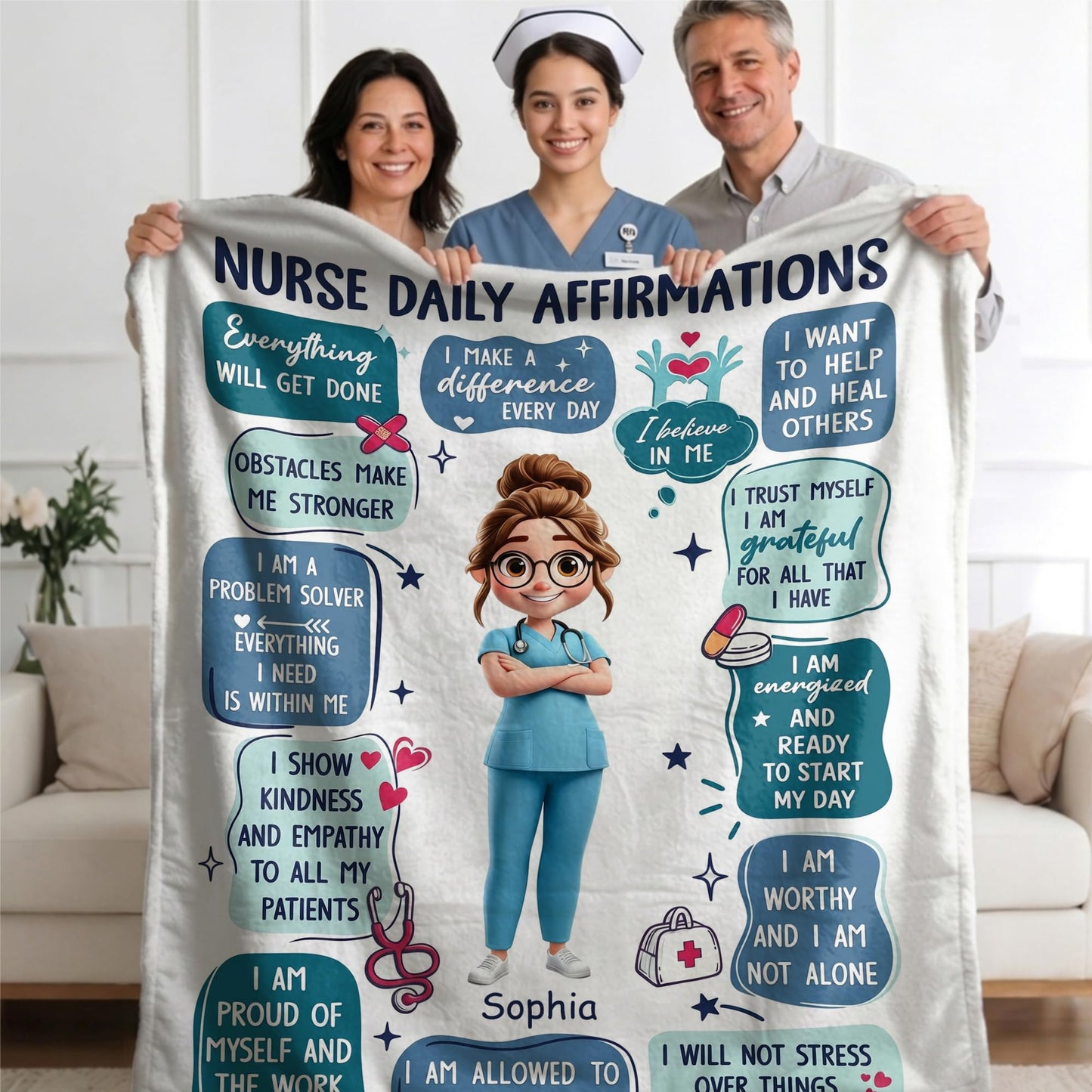 Ipplee Nurse Daily Affirmations Personalized Blanket with Custom Name, 3D Cartoon Fleece Throw for RN LPN NP Graduation, Nurses Week Appreciation Birthday for Women