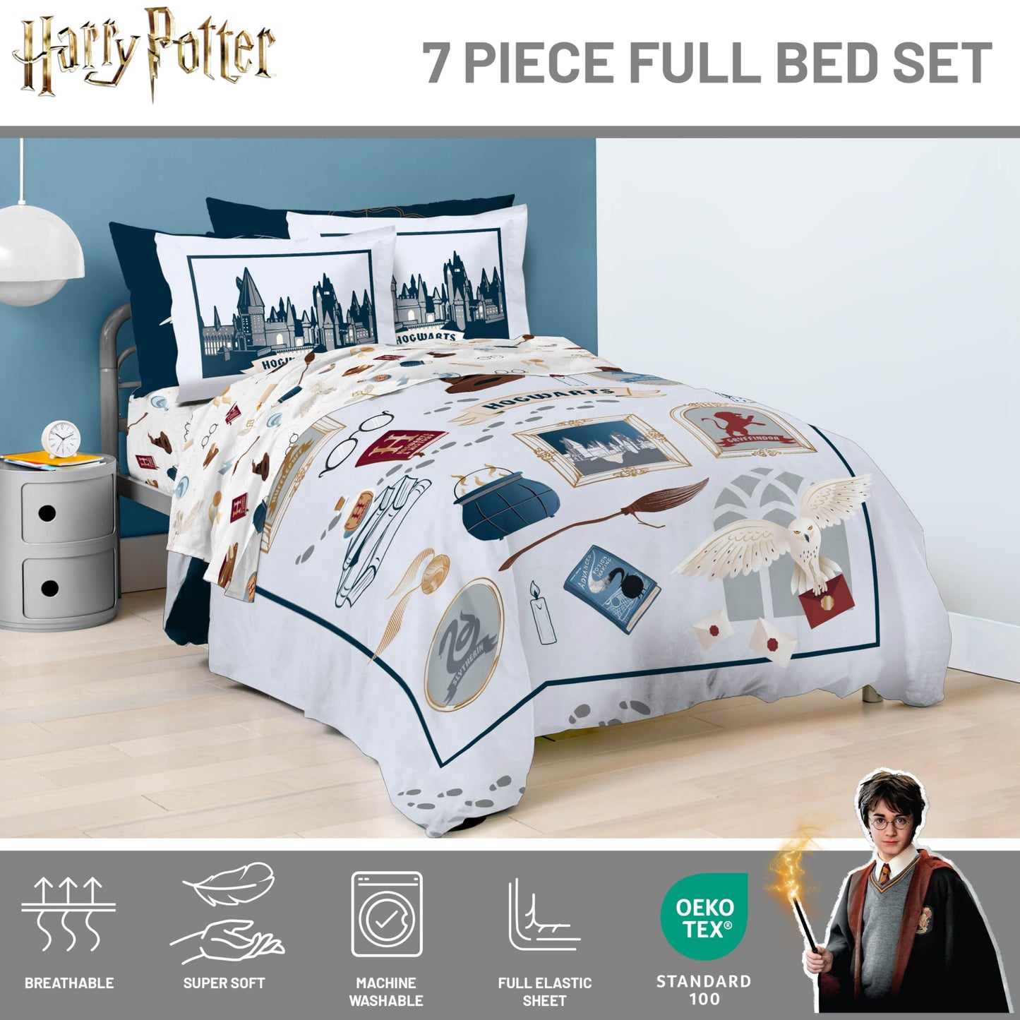 Jay Franco Kids Bed Set, Dark Grey, Harry Potter, 7 Piece Full