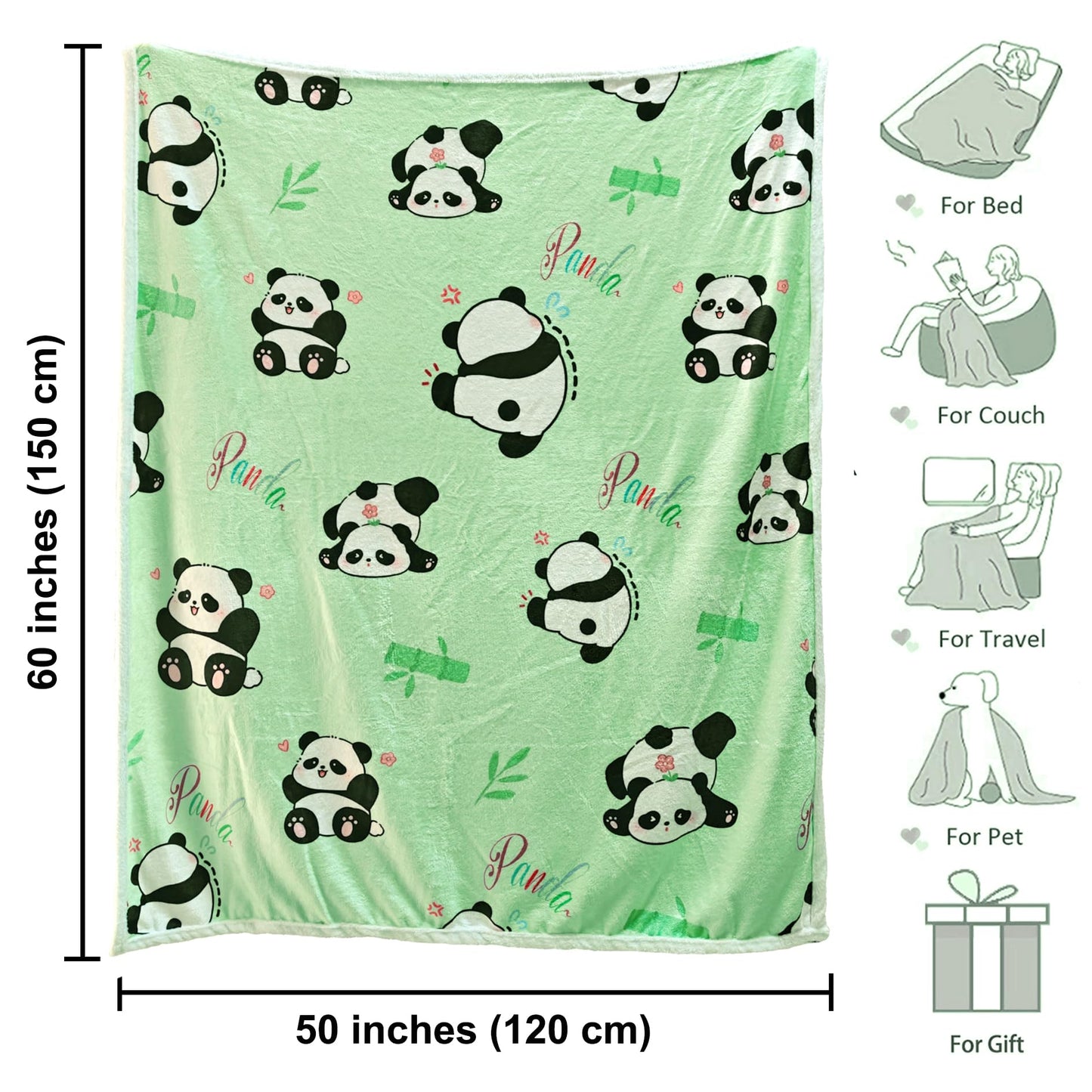Panda Blanket Super Soft Cozy Blankets Pandas Stuff Pandabear Gifts for Girls Toddler Adults Flannel Fleece Blanket Lightweight Cute Panda Accessories (Green Panda, 50"x60")