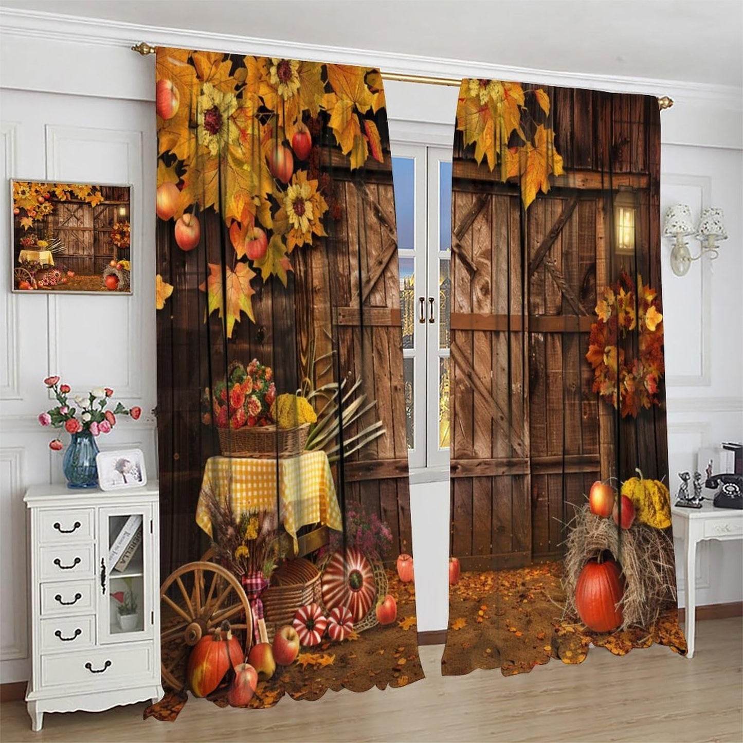 Nanacur Thanksgiving Curtains, Fall Rustic Vintage Farmhouse Barn Wooden Door Print Rod Pocket Window Treatments Drapes for Kitchen Bedroom Living Room 41" W X 45" L (No Blackout)