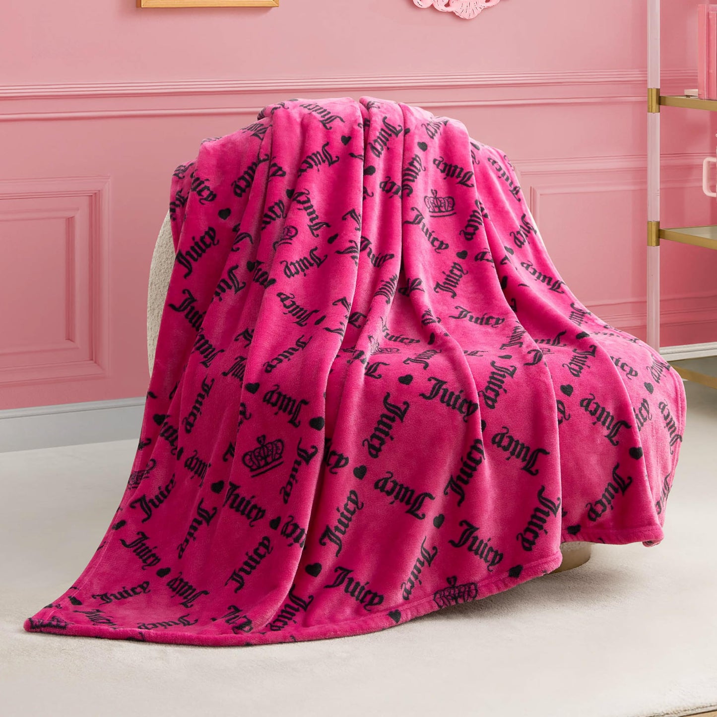 Juicy Couture Logo Crown 50" x 70" Plush Throw Blanket, Hot Pink - Decorative Blankets for Sofas, Throws for Chairs, and Beds