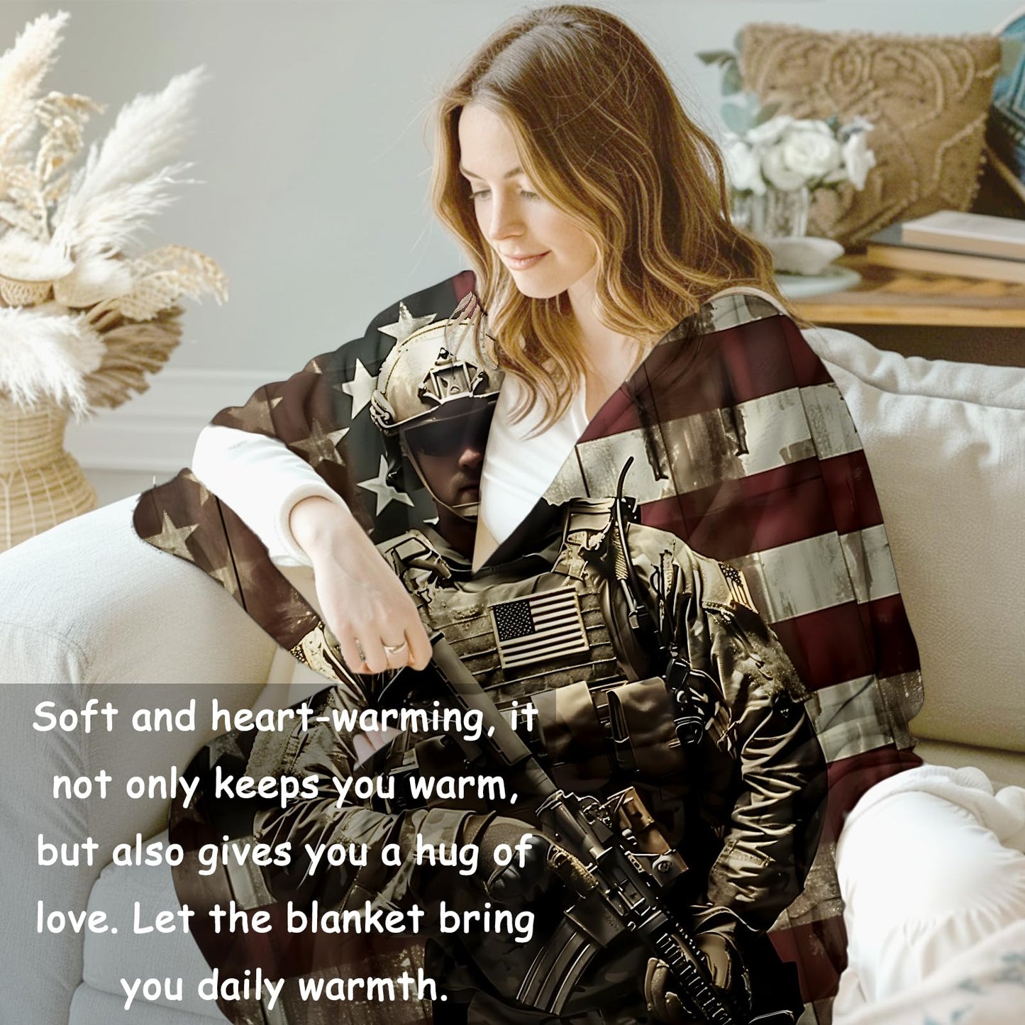 VANZEV Patriotic Soldier Flannel Blanket, Army Gifts, Military Blanket for Veteran Adults, Soft Lightweight American Flag Throw Blankets for Bed Home Decor 50" x 60"