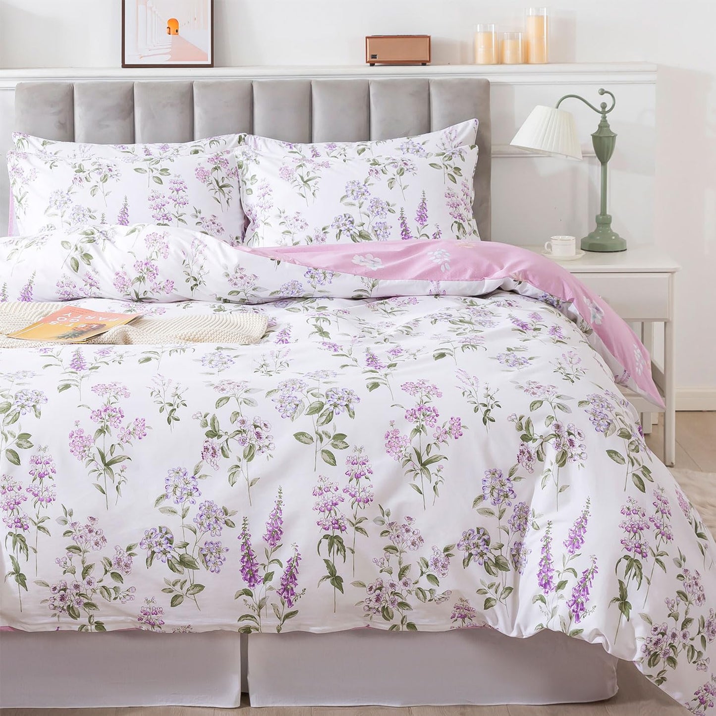 FADFAY Purple White Floral Duvet Cover Sets King/Cal King 100% Cotton Lilac Lavender Reversible Comforter Cover French Country Bedding All Season Soft Crisp Green Leaves Bed Cover with Zipper 3Pcs