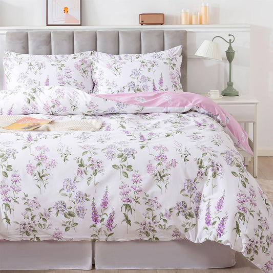 FADFAY Purple White Floral Duvet Cover Sets King/Cal King 100% Cotton Lilac Lavender Reversible Comforter Cover French Country Bedding All Season Soft Crisp Green Leaves Bed Cover with Zipper 3Pcs