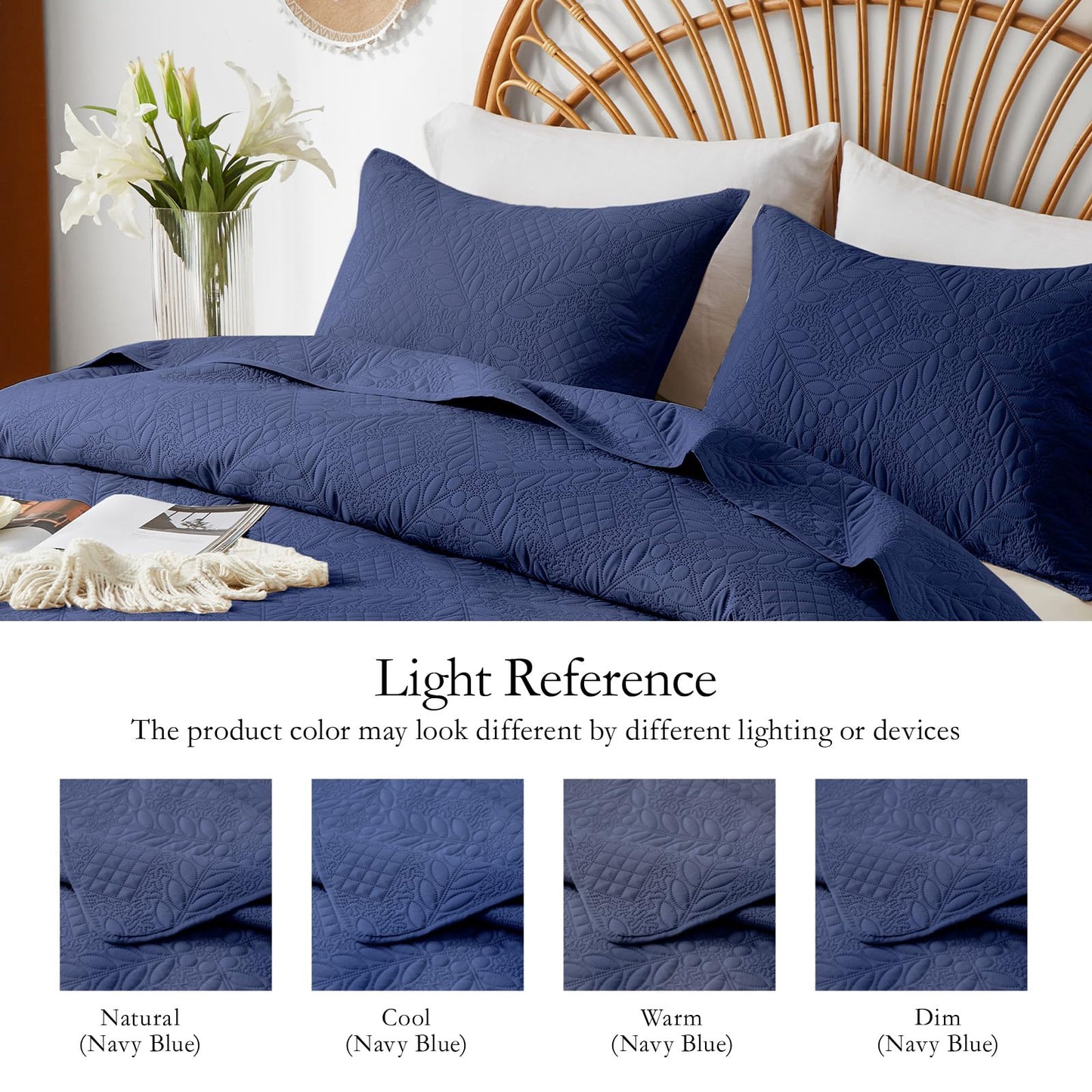 FLYMME Full Queen Quilt Bedding Set,Lightweight Navy Blue Bedspreads,Vintage Olive Leaf Design,Ultra Soft Microfiber Bed Coverlet 3 Pieces for All-Season (1 Quilt,2 Shams)