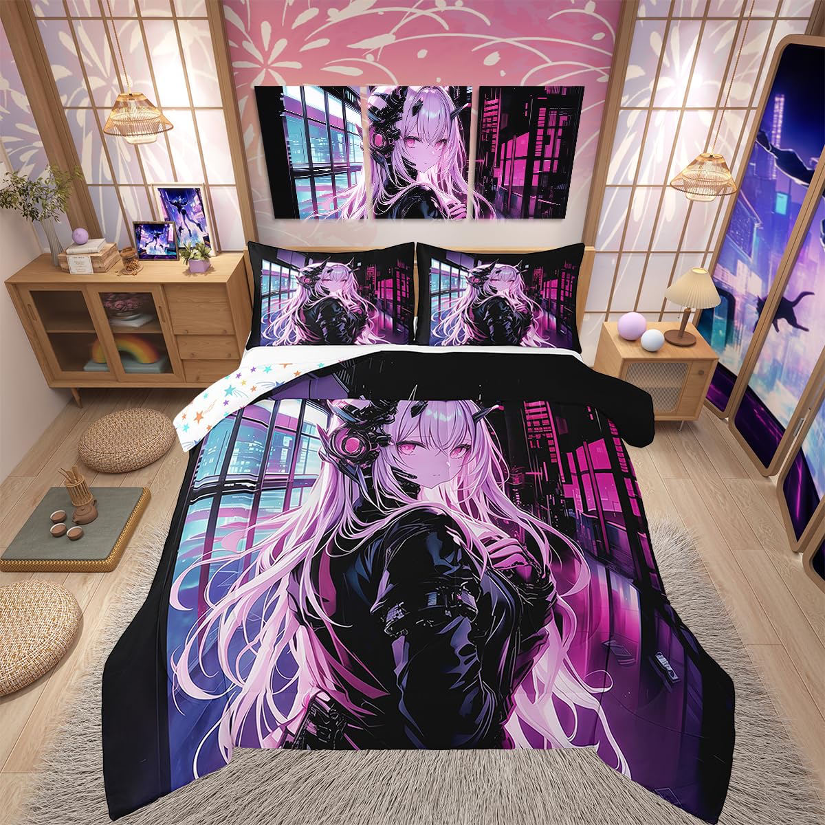 Erosebridal Japanese Anime Bedding Set Twin Size, Anime Girl Comforter Set Kawaii Japanese Style Duvet Insert Cartoon Japan Animation Quilt for Boys Teens Adult Women Bedroom Decor