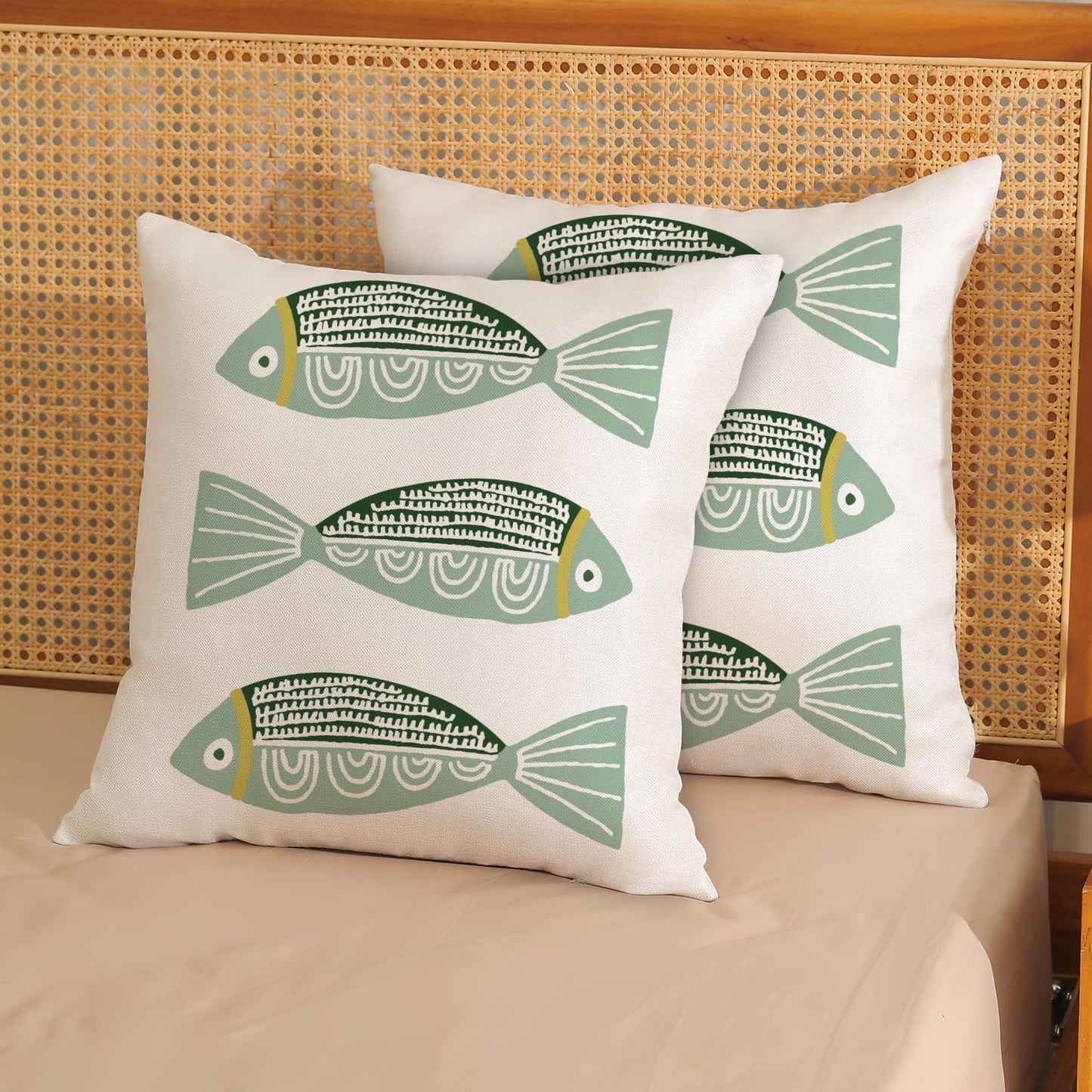 OFIRD Coastal Pillow Covers 18 x 18 Inch Set of 2,Ocean Beach Green Fish Throw Pillows Summer Nautical Outdoor Decorative Pillow Cases Square Farmhouse Cushion Case for Couch Sofa Decoration