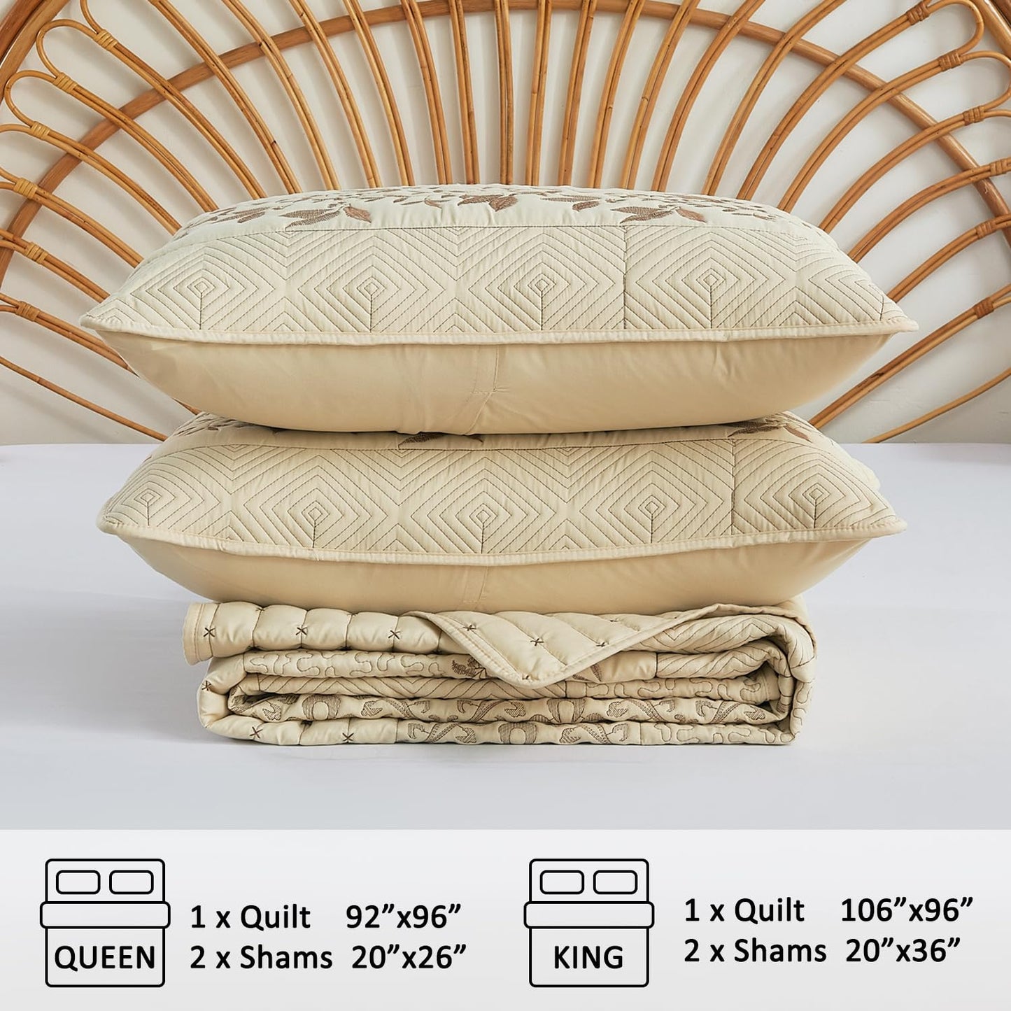 EVENHUG Floral Embroidered Quilt Set Queen Size 3 Piece Bedding Set Reversible Farmhouse Bedspread Coverlet with 2 Pillow Shams Lightweight Soft Bed Cover for All Season(92"X 96",Beige)