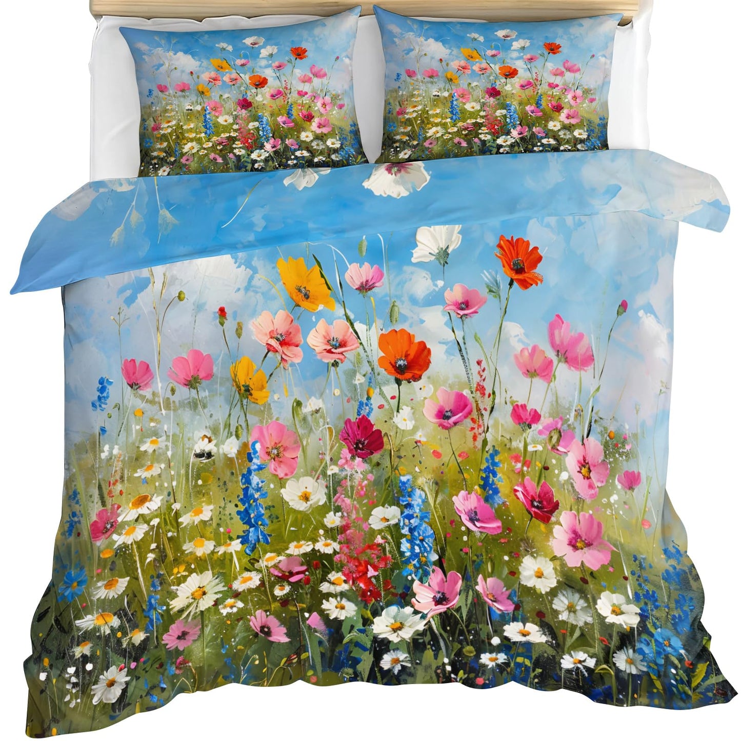 QINYUN Floral Comforter Set Oversized King, Blue Sky Flowers Bedding Set 3 Piece, Vibrant Wildflowers Duvet Cover with Zipper & Ties, 2 Pillowcases