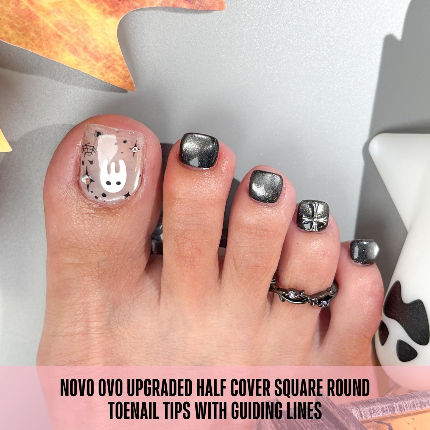 NOVO OVO Upgraded Flexible Half Cover Soft Gel Fake Toe Nail Tips with Auxiliary Line for Toenail Extension, Square Round Medium Wide for Men Women Acrylic French Pedicure Salon DIY x 15 Sizes 240 Pcs
