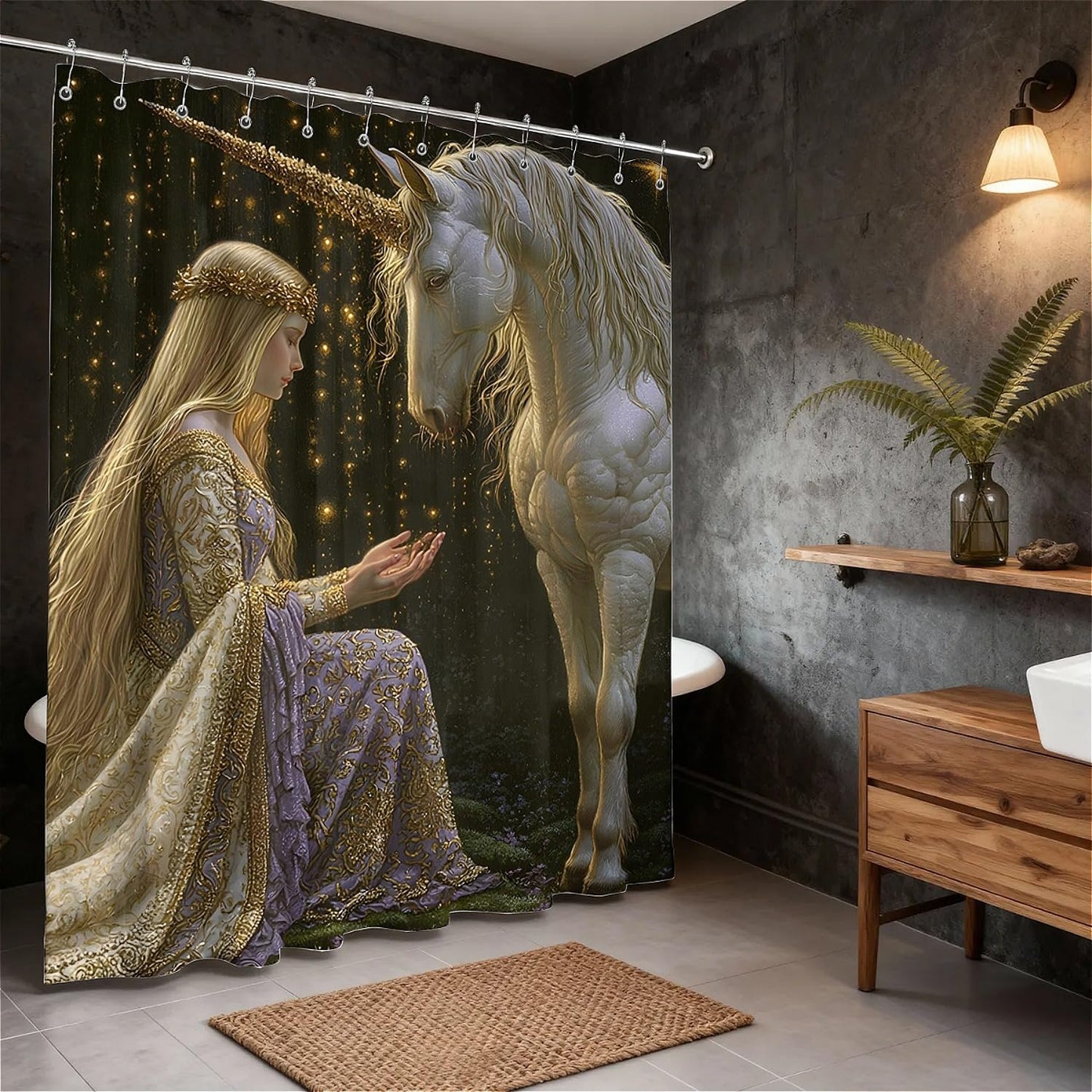 TANGXUNFA Princess and Unicorn Shower Curtain for Bathroom, Water-Resistant Long Shower Curtain Set 72x72 Inch with Metal Grommets and 12 Metal Hooks