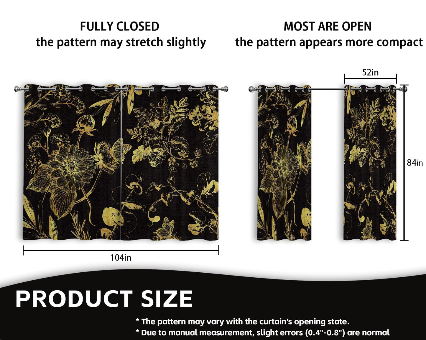 soeeao Black and Gold Vintage Botanical Blackout Curtains Patterned Golden Yellow Floral Window Drapes for Bedroom Living Room, 84 inch Length 2 Panels Set, 52x84 inch