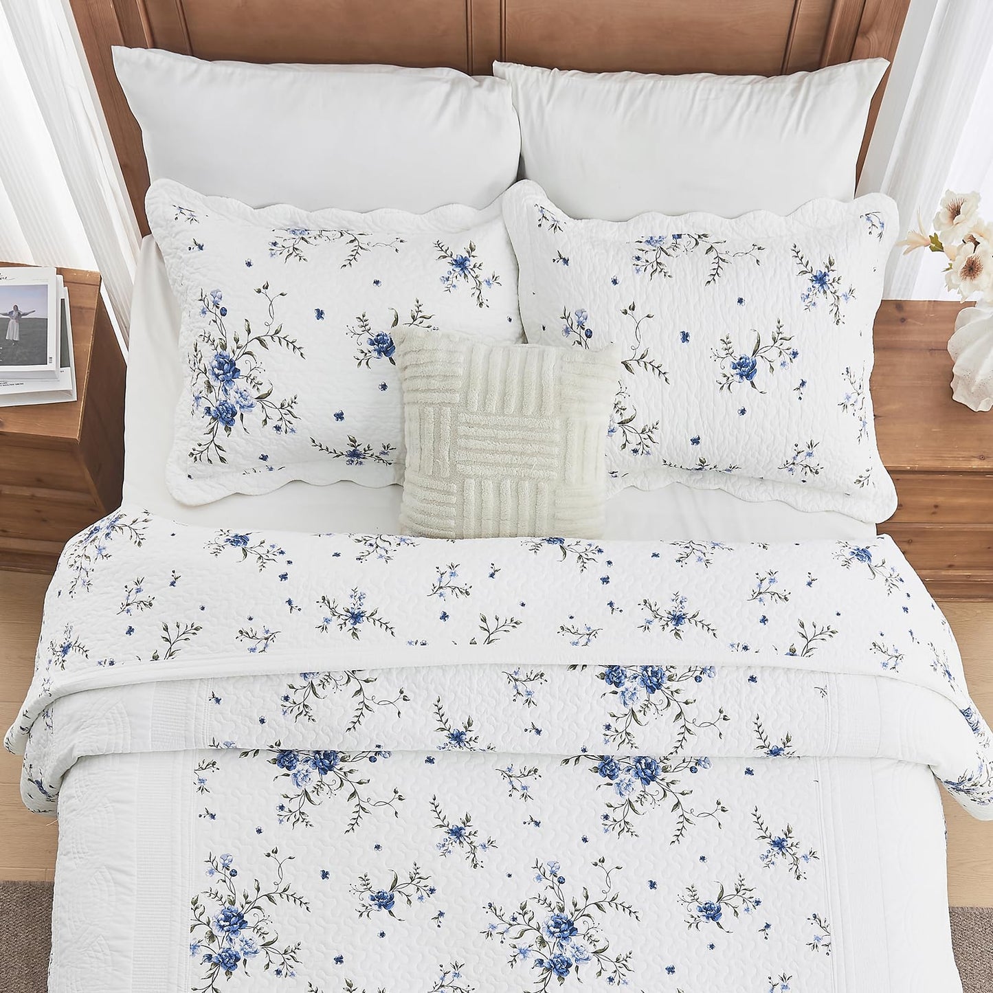 CozyStitch Floral Bedspread 128"x120" California King Quilt, 100% Cotton XL Oversized King Bedspread Coverlet Set with 2 Pillowshams, Lightweight Farmhouse Quilted Comforter, White/Blue/Green, 3 Pcs