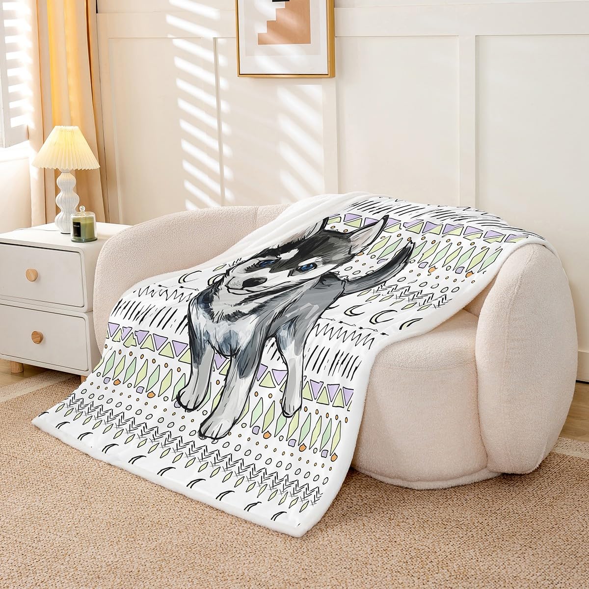 Erosebridal Cartoon Husky Fleece Blanket Western Geometric Aztec Sherpa Blanket 90"x90", Cute Puppy Pet Kawaii Animal Pup Dog Fuzzy Plush Throw